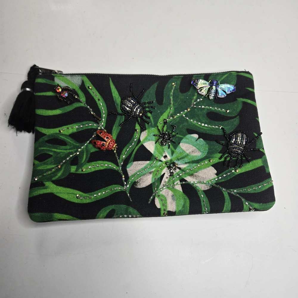 Consigned By Design Green Tropical Embellished Zip Cosmetic Pouch A7